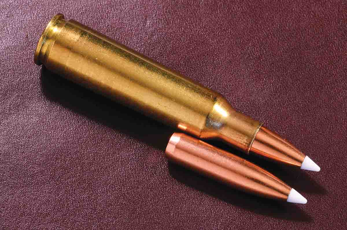 The Nosler 110-grain AccuBond, when loaded to 2.5 inches maximum overall length for the .250-3000, illustrates how much a heavier bullet can encroach on powder capacity.